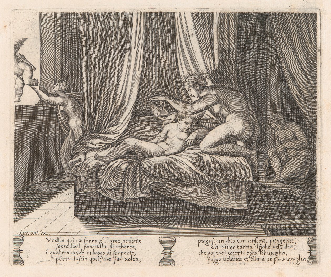 Ilustracja 13: Psyche patrząca na Kupidyna, z Historii Kupidyna i Psyche opowiedzianej przez Apulei..., 1530-60. autorstwa Agostino Veneziano