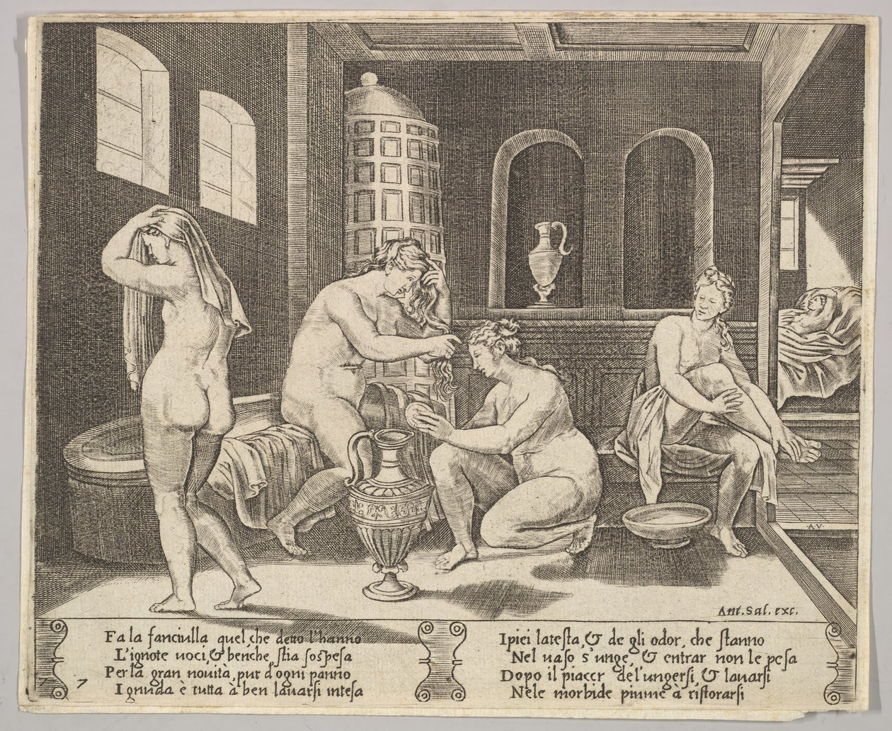 Ilustracja 7: Psyche w kąpieli z nimfami, w tle po prawej Psyche repr..., ca. 1520-36. autorstwa Agostino Veneziano