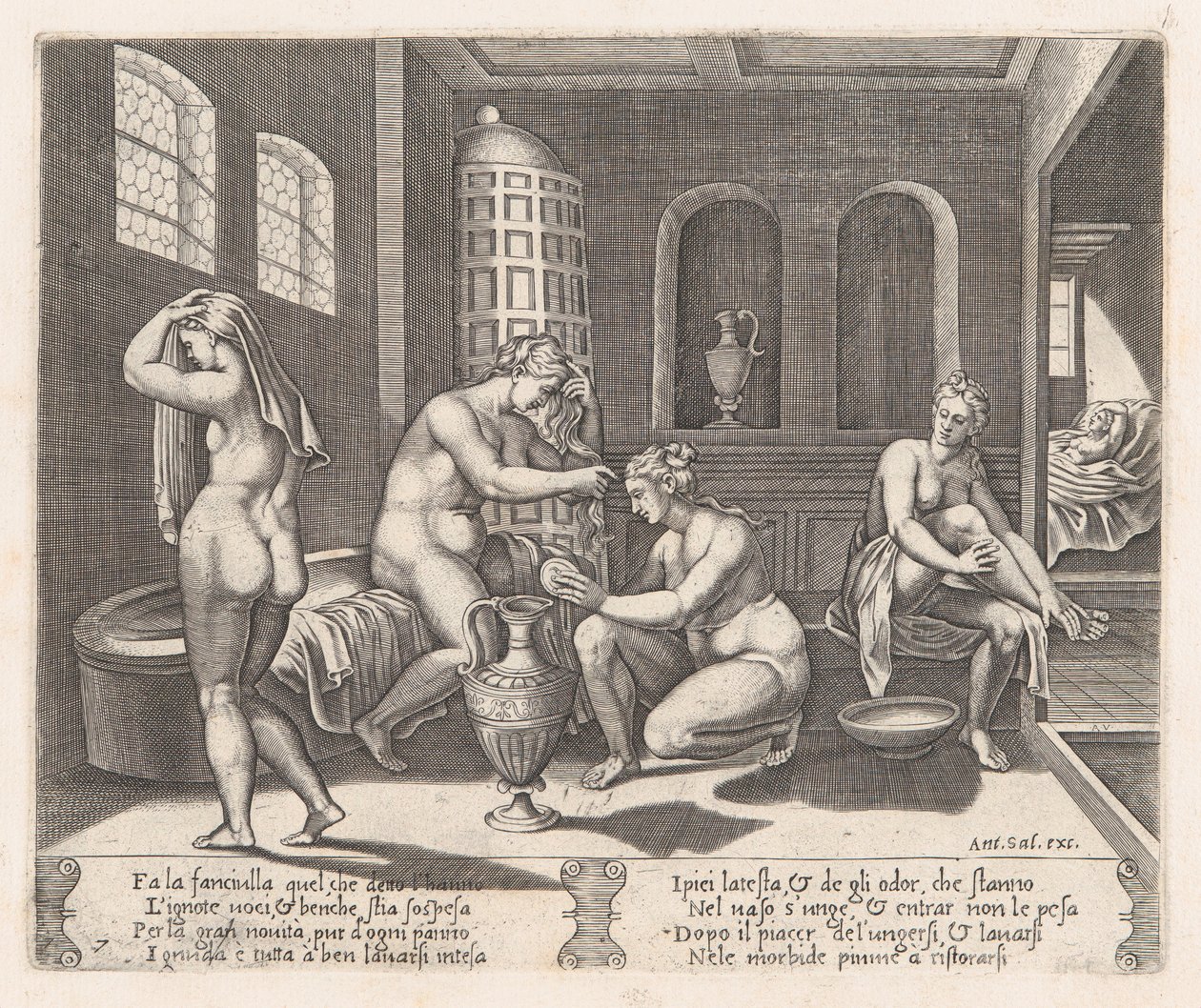 Płyta 7: Psyche uczestniczyła w kąpieli, z Historii Kupidyna i Psyche opowiedzianej przez Apu..., 1530-60. autorstwa Agostino Veneziano