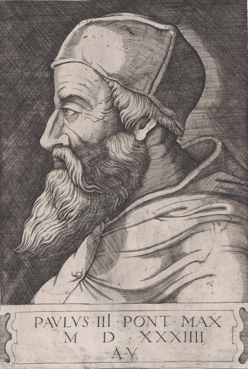 Papież Paweł III w jarmułce, ca. 1514-36. autorstwa Agostino Veneziano