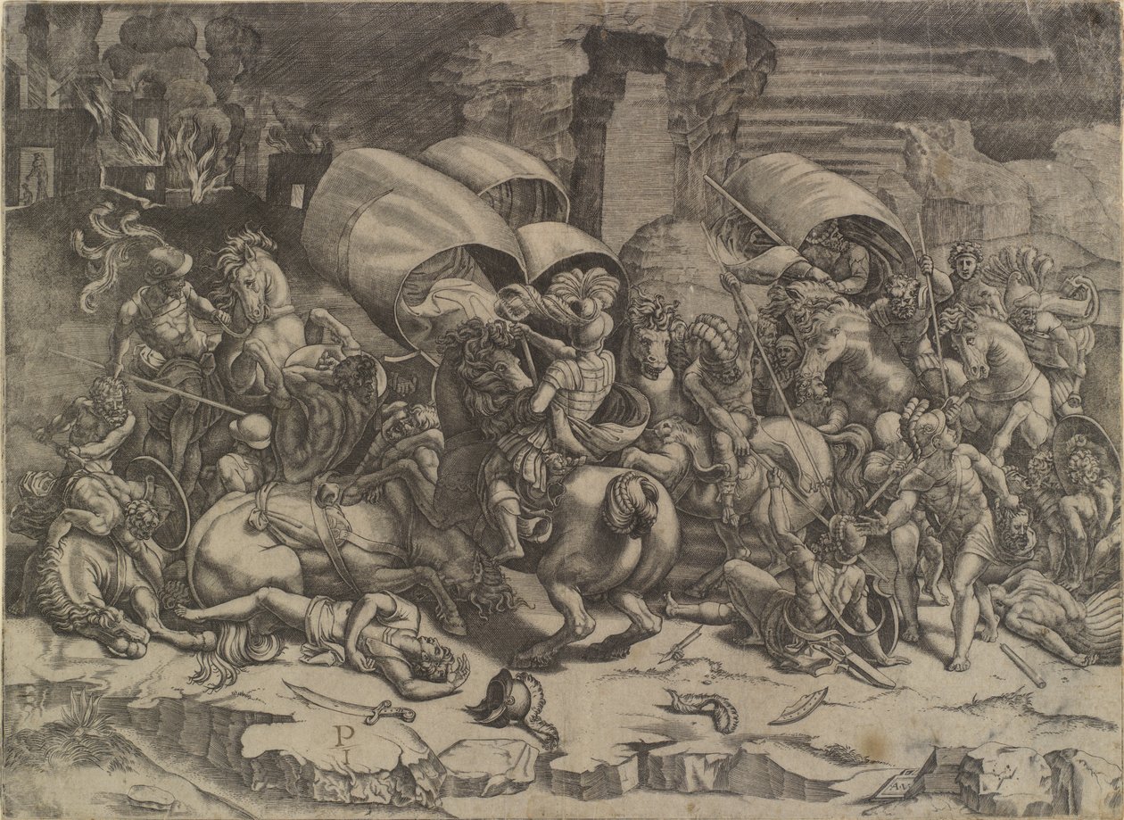 Bitwa między Scipio Africanus a Kartagińczykami („La bataille au coutelas”) autorstwa Agostino Veneziano