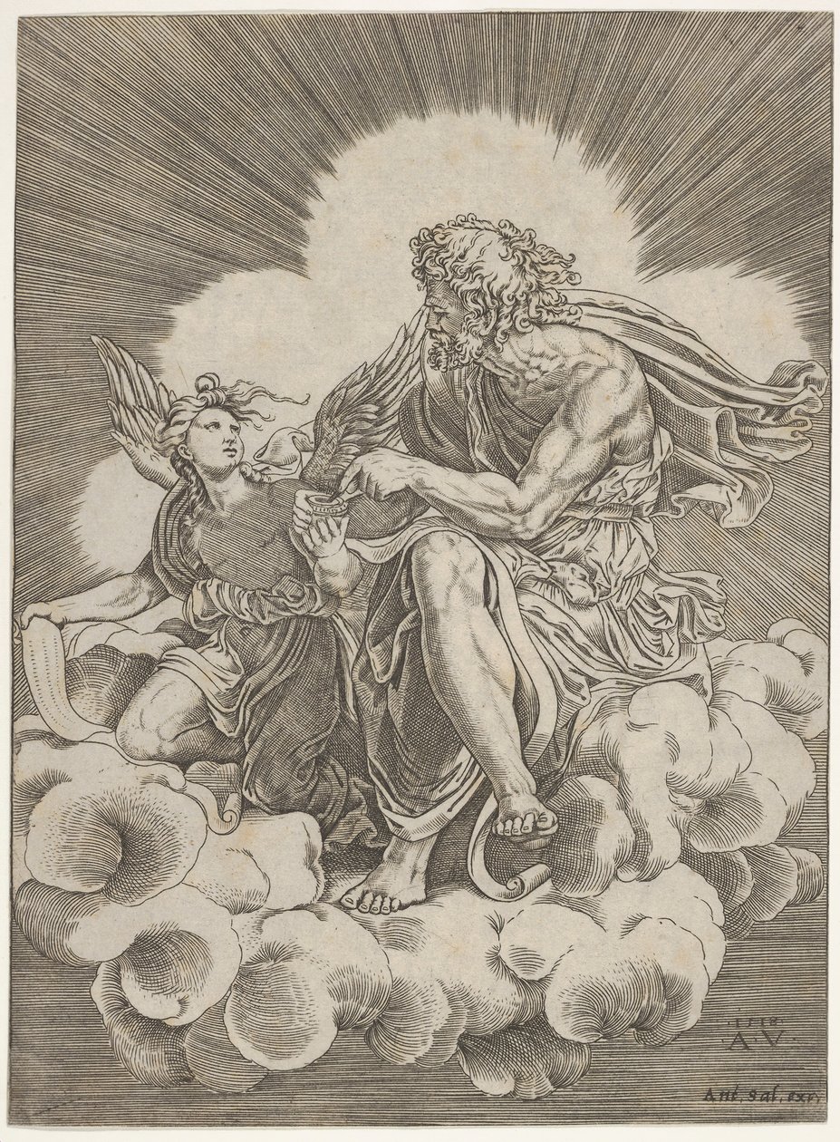 Św. Mateusz, siedzący na obłoku i zanurzający pióro w kałamarzu trzymanym przez anioła..., ok. godz. 1518-20. autorstwa Agostino Veneziano