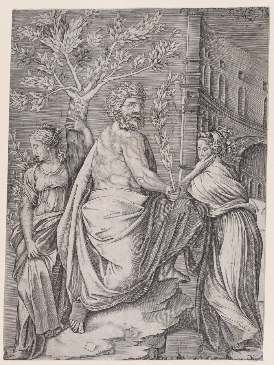 Człowiek z gałązką laurową, ca. 1514-36. autorstwa Agostino Veneziano