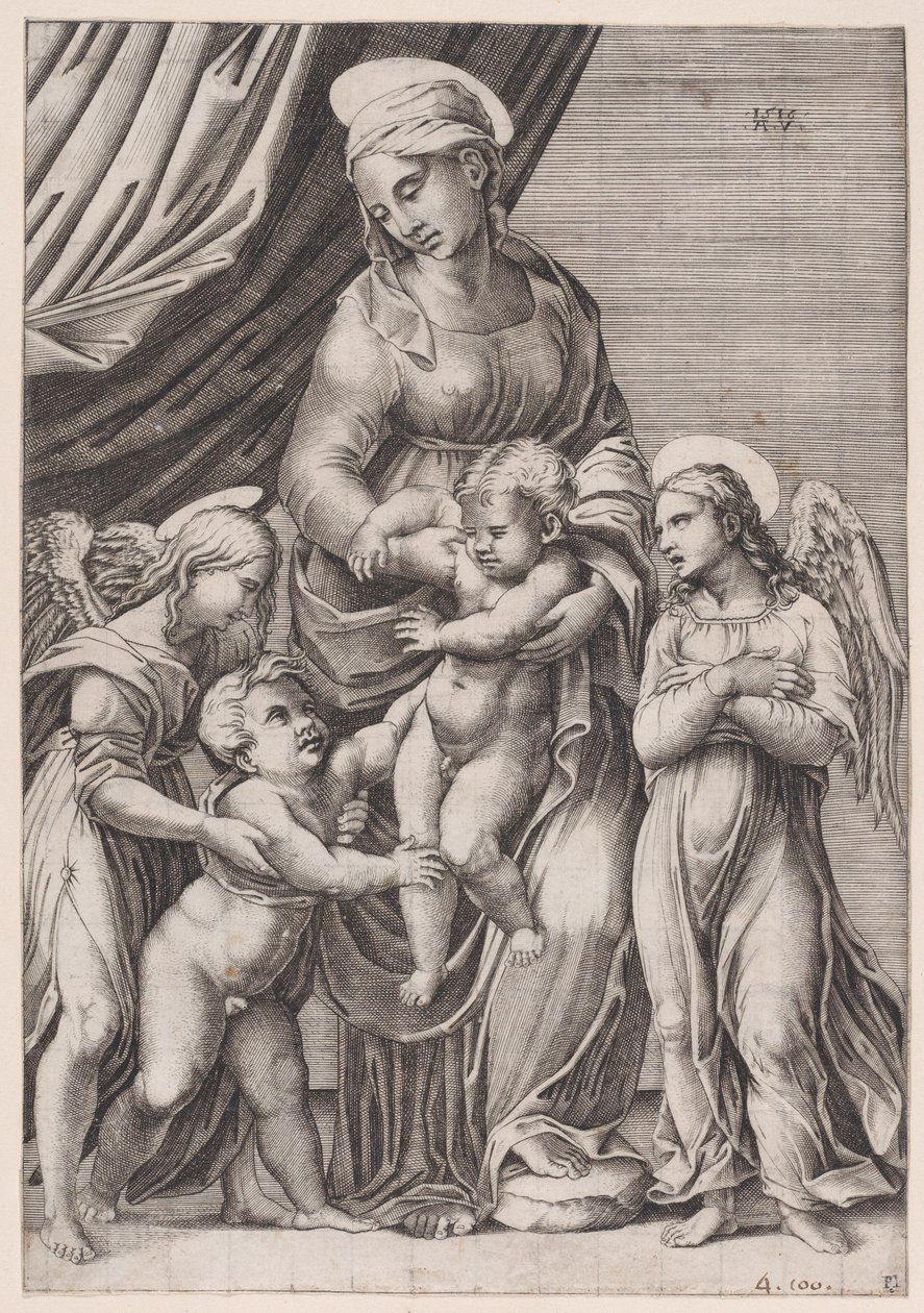 Dziewica, Dzieciątko Chrystus, Dzieciątko św. Jan i Dwa Anioły, dat. 1516. autorstwa Agostino Veneziano