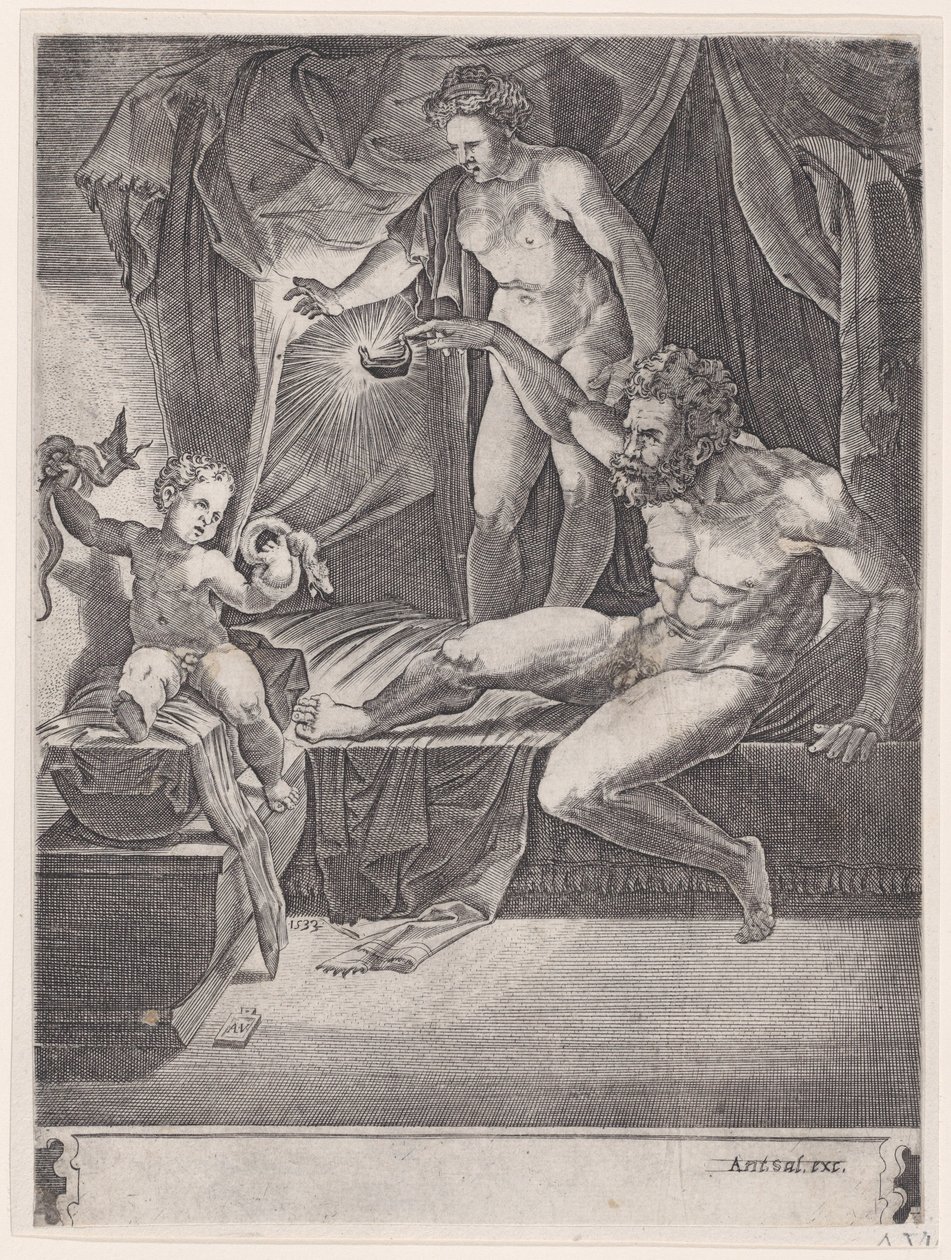 Młody Herkules w swojej kołysce, datowany na 1533 rok. autorstwa Agostino Veneziano