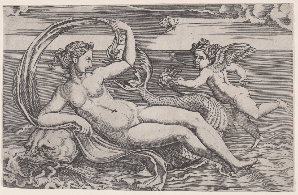 Wenus leżąca na delfinie, ca. 1516. autorstwa Agostino Veneziano