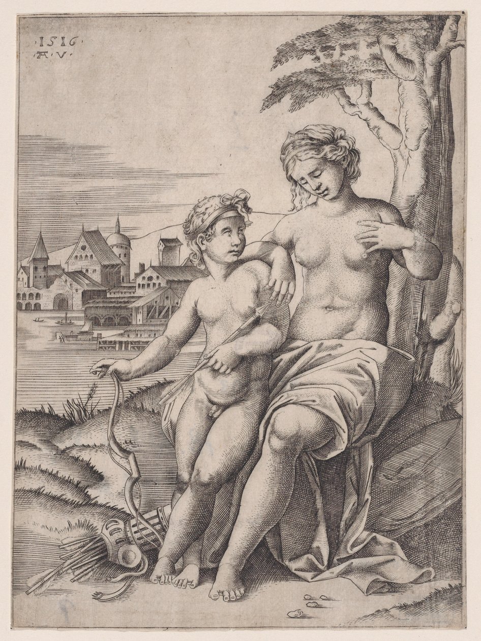 Wenus i Eros, dat. 1516. autorstwa Agostino Veneziano