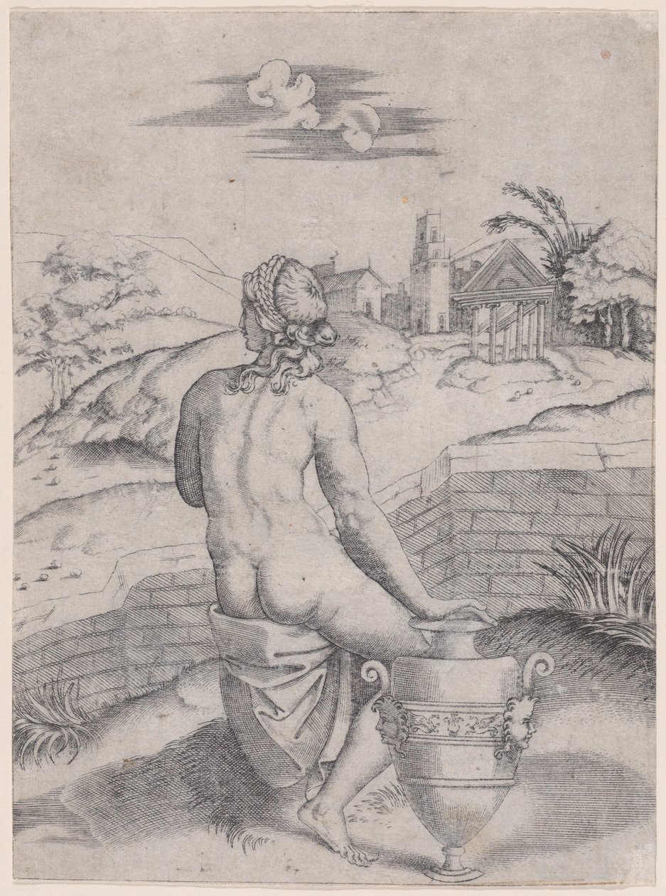 Kobieta siedząca przy wazonie, ca. 1514-36. autorstwa Agostino Veneziano