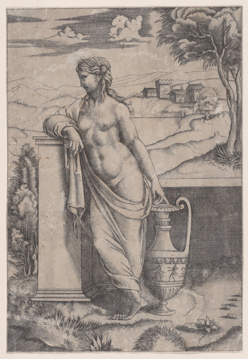 Kobieta stojąca przy wazonie, ca. 1514-36. autorstwa Agostino Veneziano