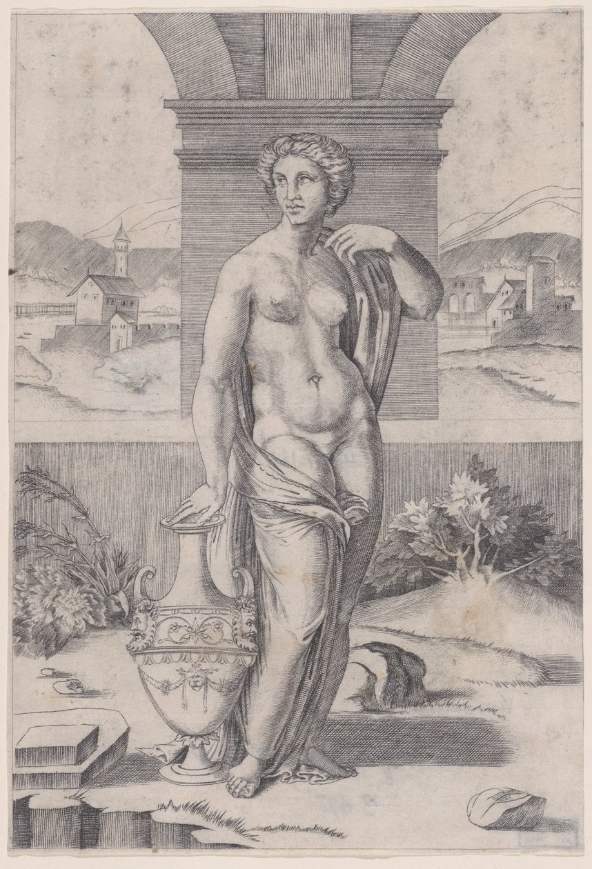 Kobieta stojąca przy wazonie, ca. 1514-36. autorstwa Agostino Veneziano