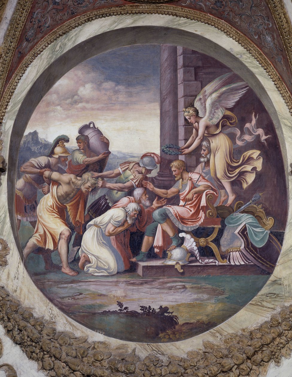 Znak Wodnika (gwiazdozbiór Orła): scena Triumfu, wielkich cnót wojennych. Fresk autorstwa Agostino da Mozzanega (działającego w latach 1527-1539) 1528. Sala Wiatrów (lub Zodiaku) Palazzo del Te, Mantua (Mantova) autorstwa Agostino da Mozzanega