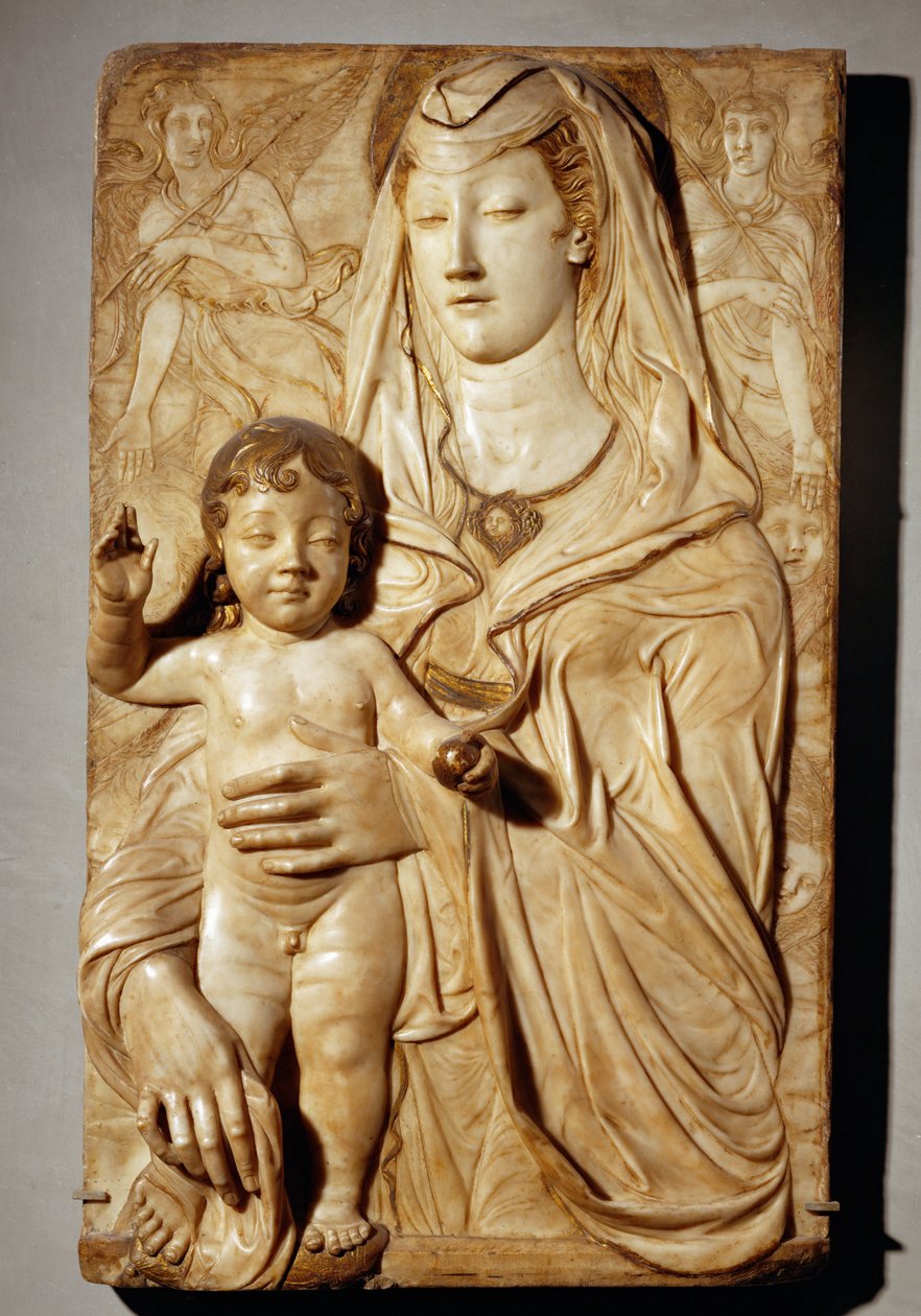 Dziewica z Dzieciątkiem między dwoma aniołami Marmur. Rot. 5 ... autorstwa Agostino di Duccio