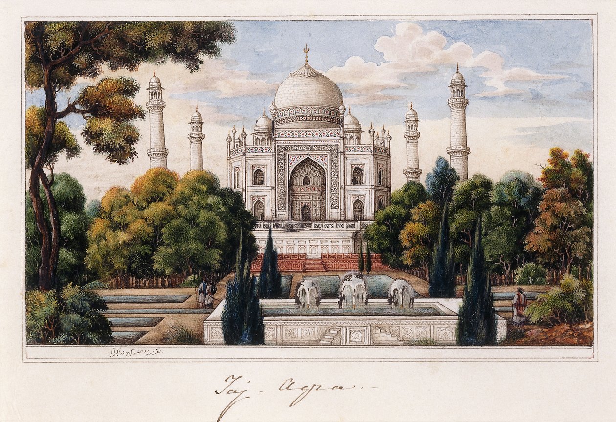 Taj Mahal z Ogrodu, ok. 1840 (pióro i szary tusz, w/c, podkreślone akcentami bieli) autorstwa Agra School