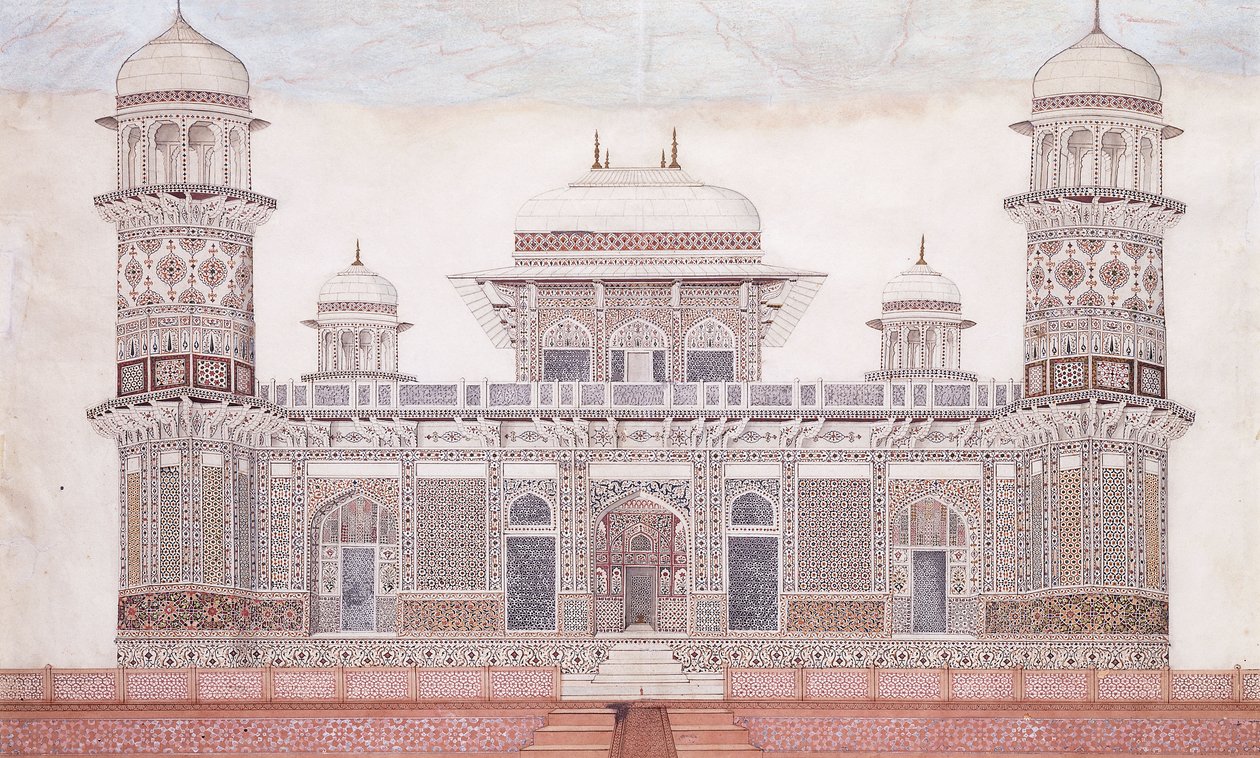 Grobowiec Itmad-ud-daula, ok. 1815 (kolumna, pióro i czarny tusz, w/c, podkreślone akcentami o) autorstwa Agra School