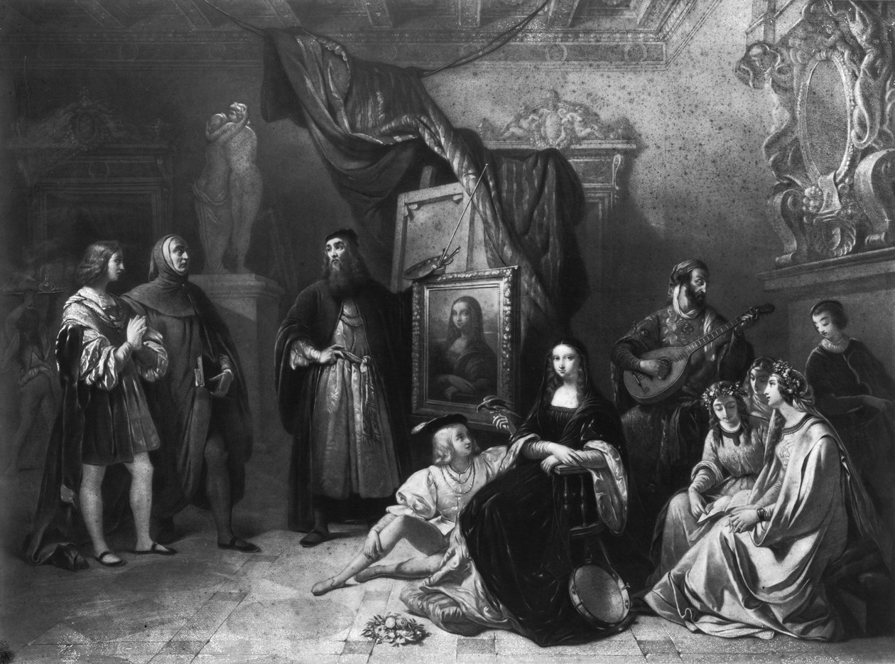 Leonardo da Vinci (1452-1519) malujący Giocondę, rytowany przez Lemoine