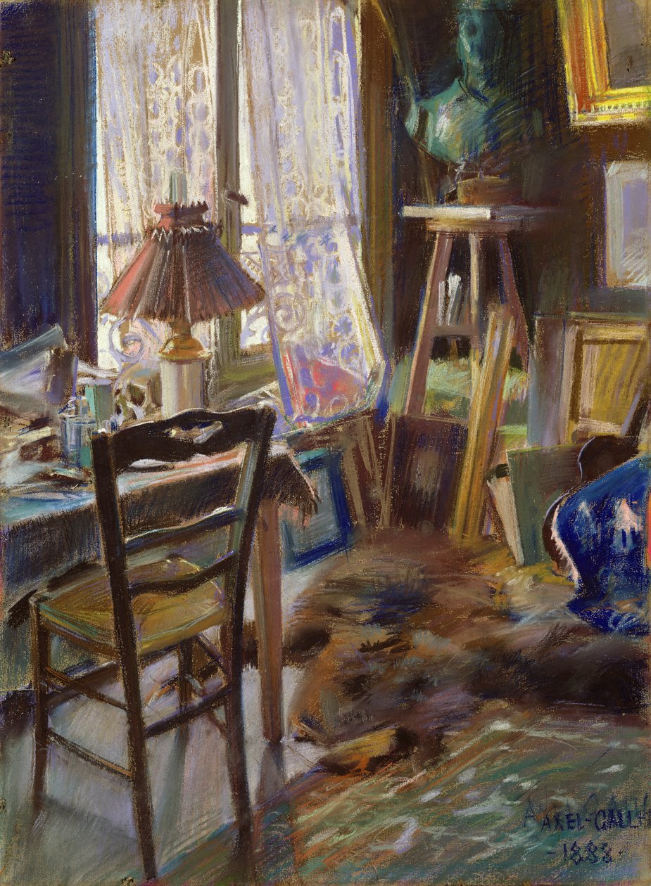 Pracownia hrabiego Deheaulme de Vallombreuse, 36 Rue Jouffrey, Paryż 1888 (pastel) autorstwa Akseli Valdemar Gallen Kallela