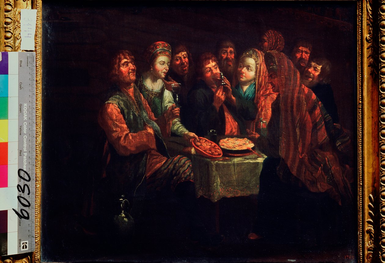 Uczta chłopska - Obraz Al Vishnekov (pierwsza połowa XVIII wieku), olej na płótnie, sztuka rosyjska XVIII wiek - Państwowe Muzeum Rosyjskie, Sankt Petersburg autorstwa Al Vishnekov