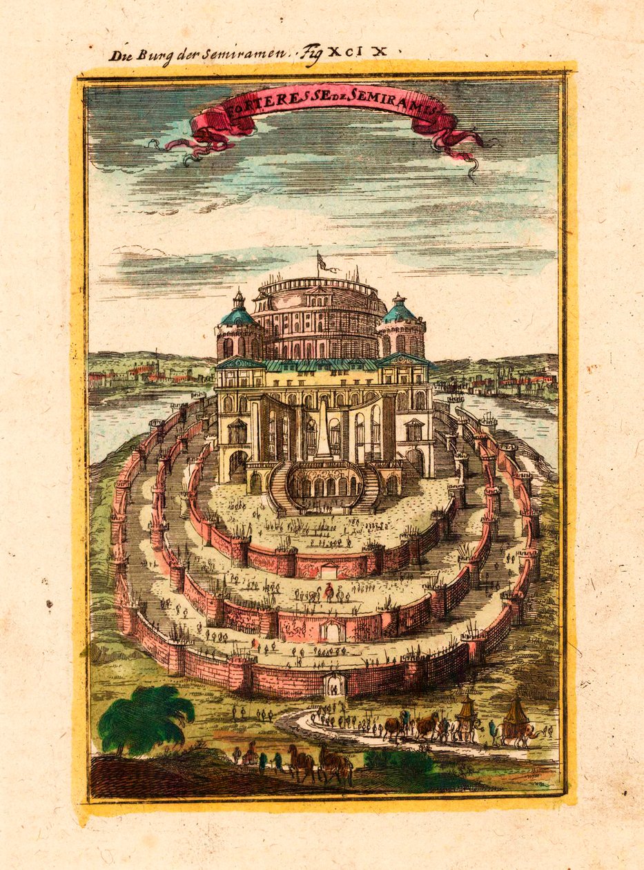 Twierdza i wiszące ogrody legendarnej królowej Semiramidy w Babilonie - Forteca Semiramidy - Miedzioryt i akwarela Alaina Manessona Malleta (1630-1706) autorstwa Alain Manesson Mallet