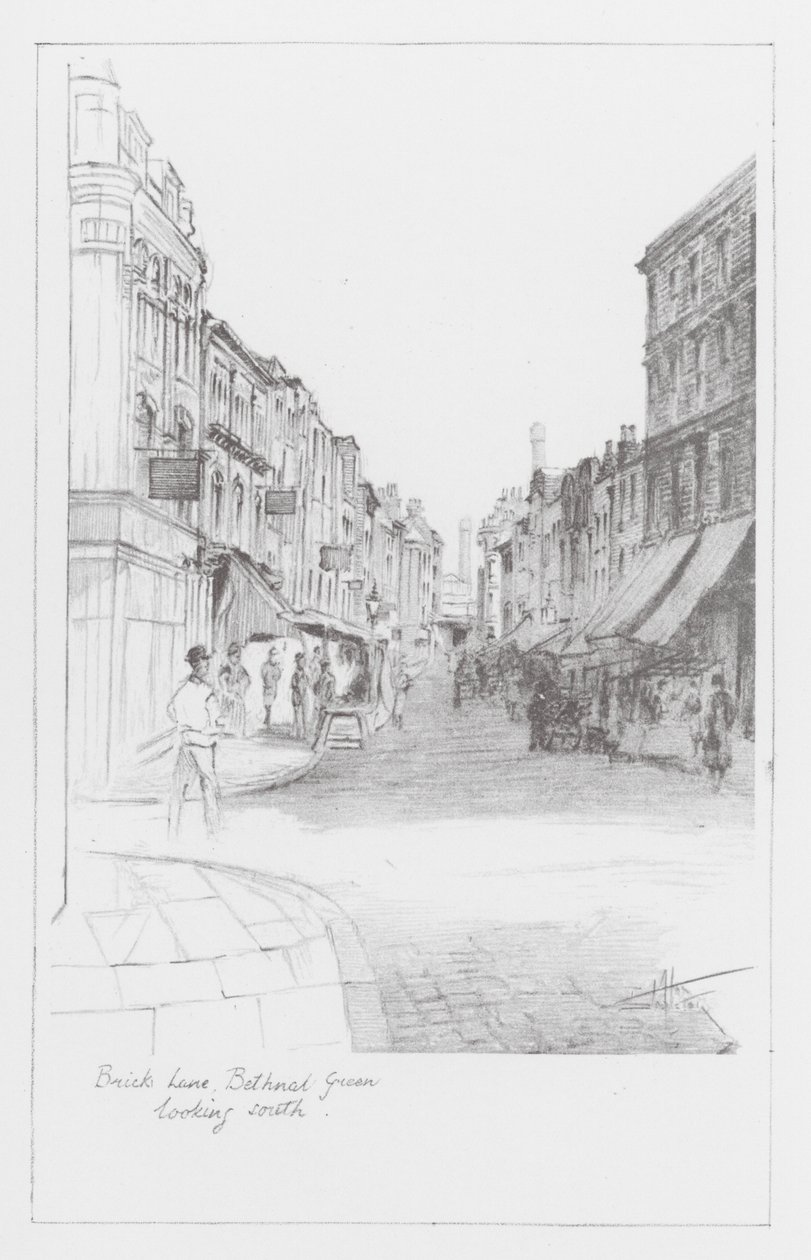 Londyńskie uliczki: Brick Lane, patrząc na południe (litografia) autorstwa Alan Stapleton