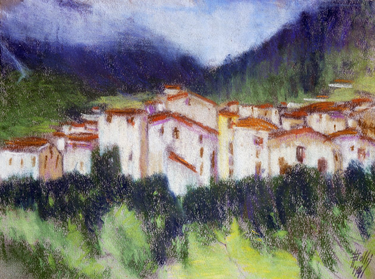 Pejzaż alpejski, Alberico Balbi Valier (1869-1910 ok.), pastel na papierze, 24x32 cm. Włochy autorstwa Alberico Balbi Valier
