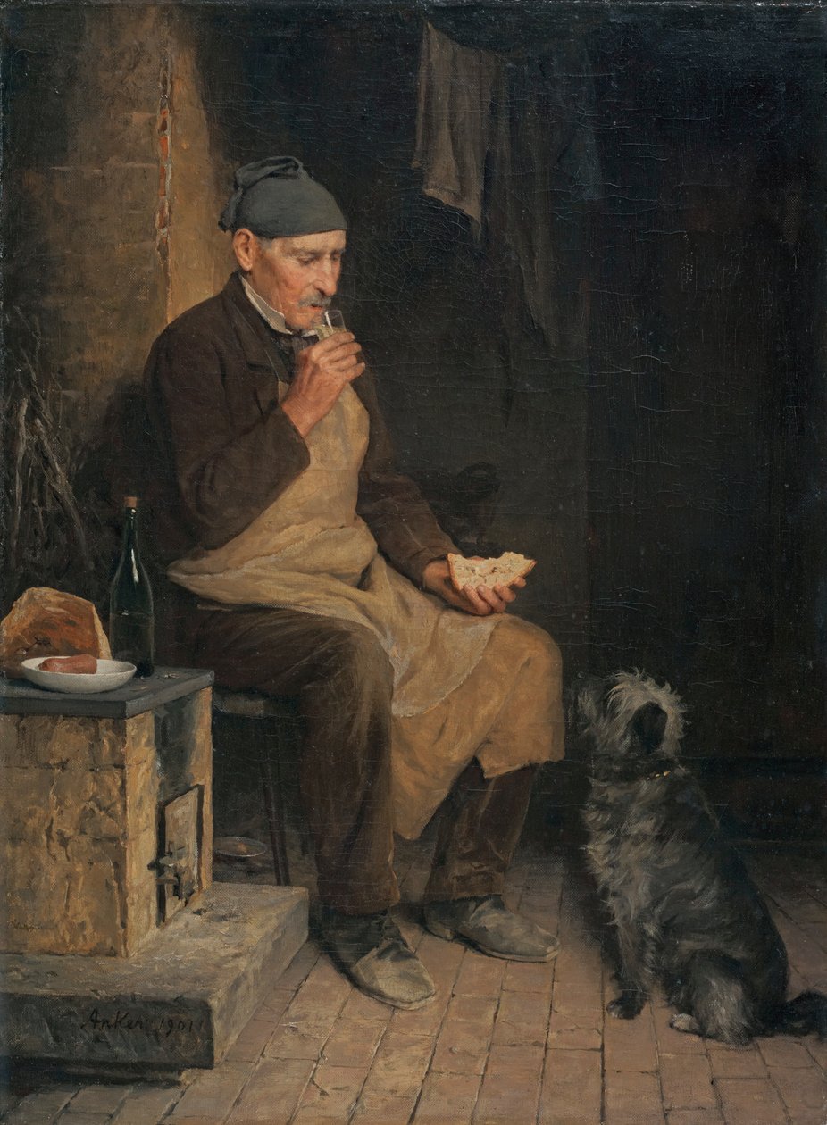 Stary człowiek na poranną przekąskę autorstwa Albert Anker