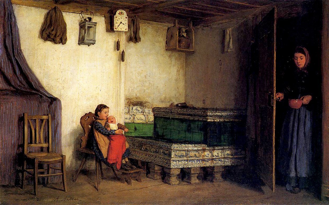 Wnętrze chaty, ok. 1870-77 autorstwa Albert Anker