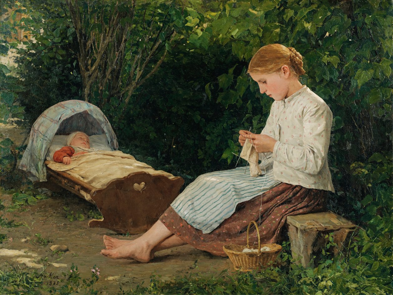 Dziewiarska dziewczyna, maluch w kołysce autorstwa Albert Anker