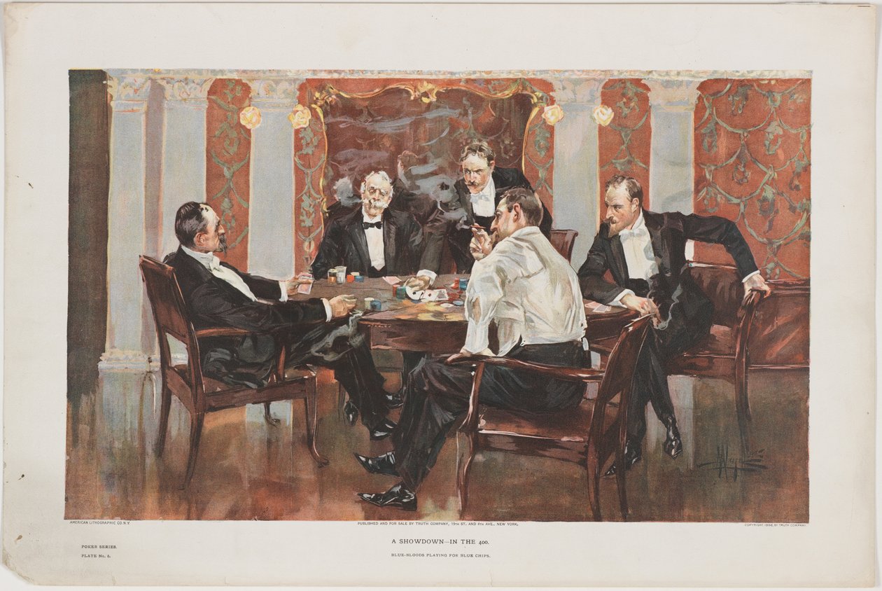 A Showdown - In the 400. Blue-Bloods Playing for Blue Chips, płyta 6 z serii pokerowej, pub. przez Truth Company, Nowy Jork, 1895 autorstwa Albert Beck Wenzell