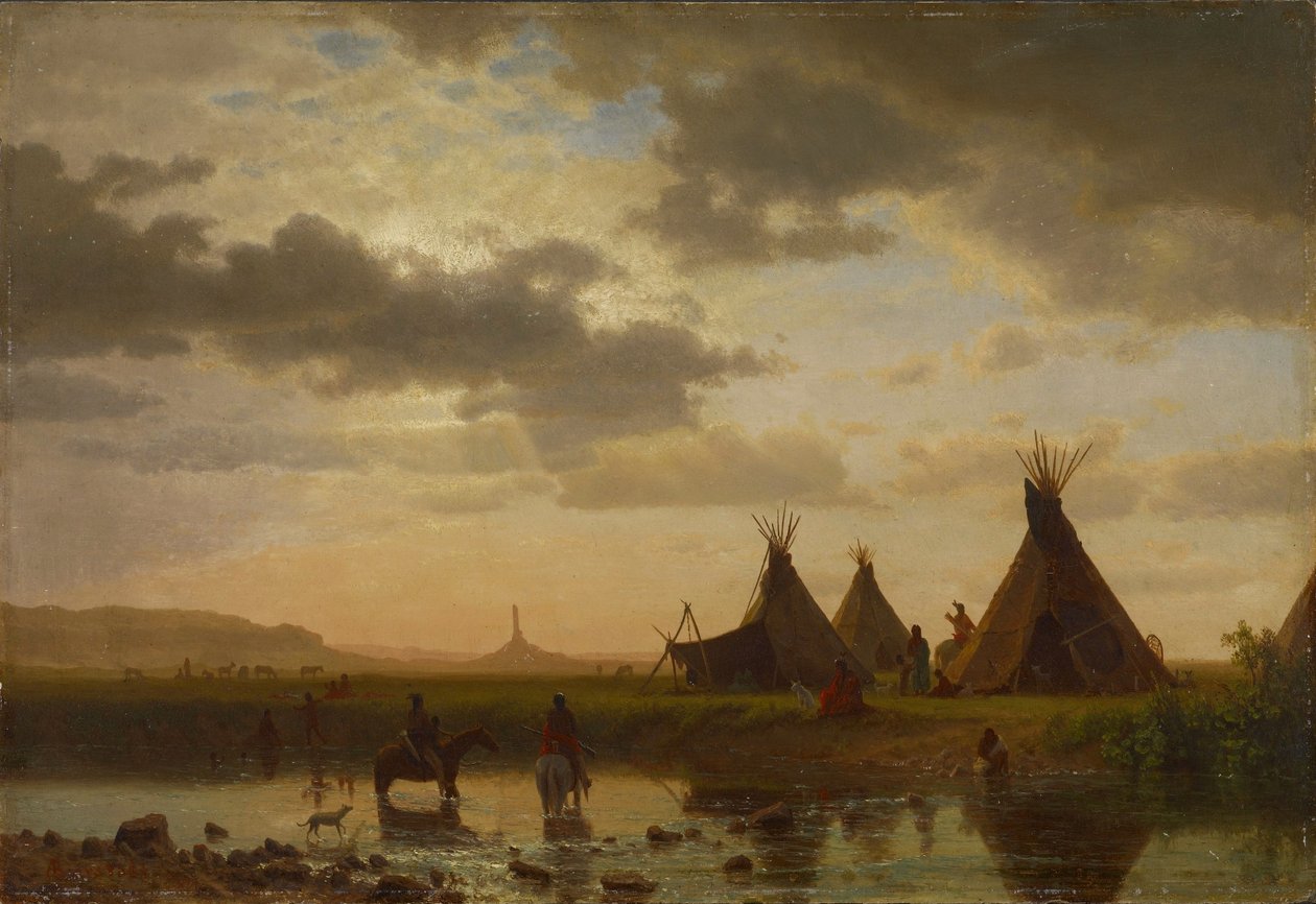 Widok na Chimney Rock, wieś Ohalilah Sioux na pierwszym planie autorstwa Albert Bierstadt
