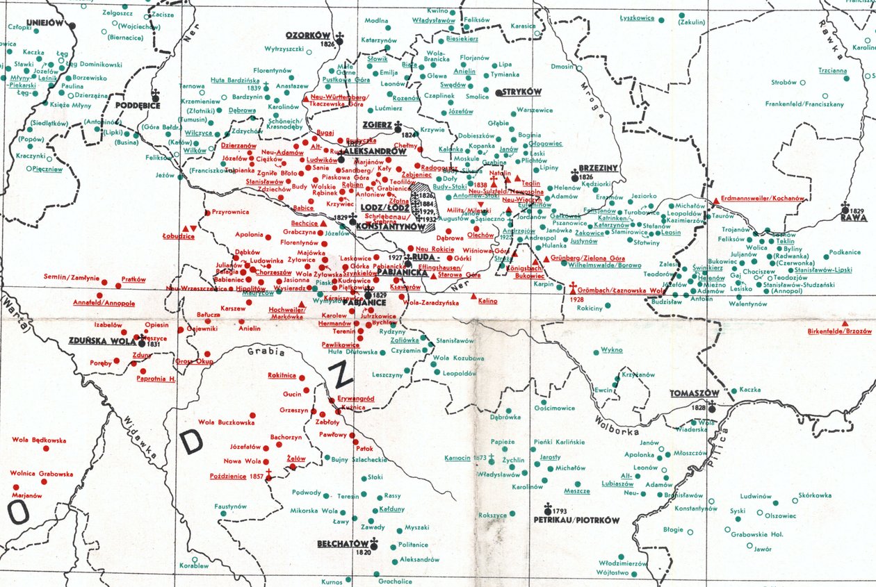 osadnictwo w 1938 r. w okolicach Łodzi między rzekami Wartą (W), Bzurą (N) i Pilicą (SE) autorstwa Albert Breyer