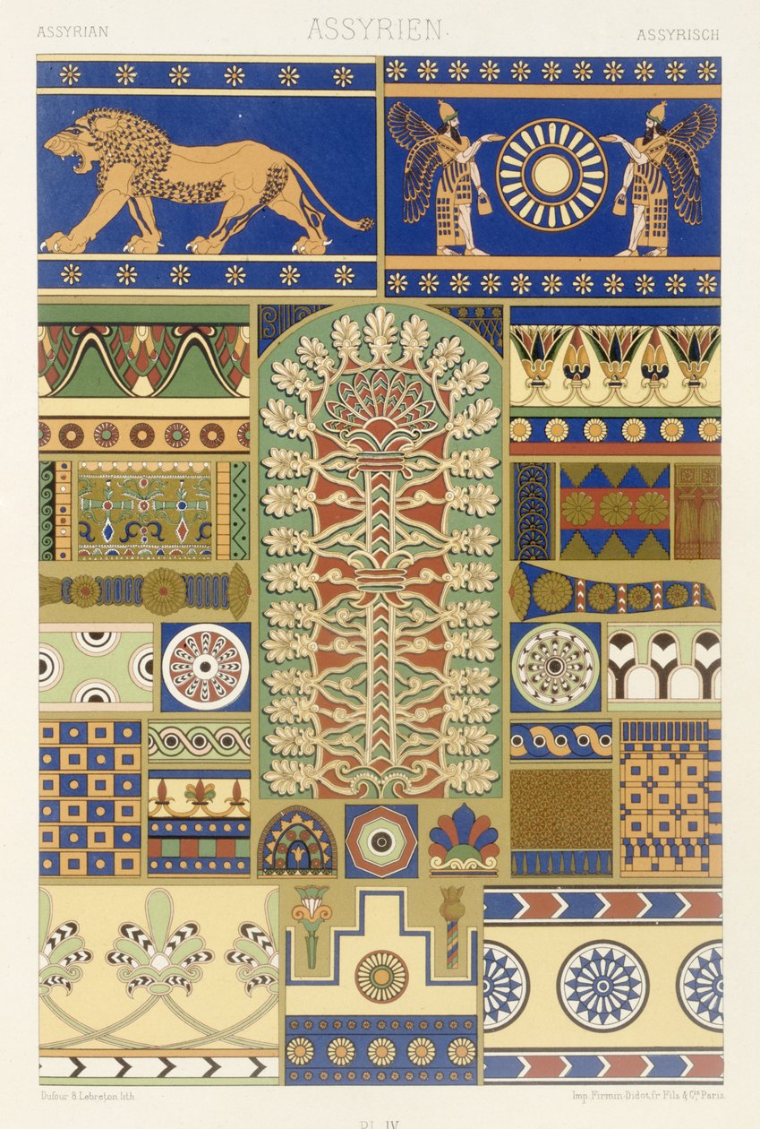 Styl asyryjski, tablica XVII z "Ornamentu polichromowanego", rytowana przez Dufoura i Lebretona, wyd. Paryż, 1869 autorstwa Albert Charles August Racinet