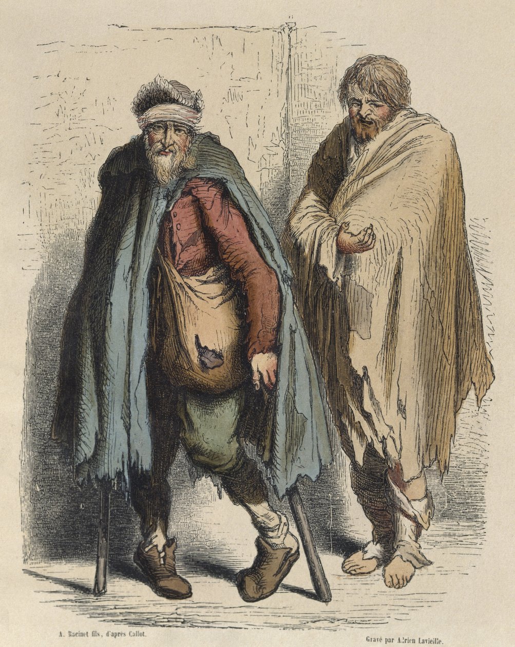 Żebracy, wg Jacques Callota (1592-1635) sztychowane przez Adriena Lavieille (1818-62) (kolorystyka) autorstwa Albert Charles August Racinet