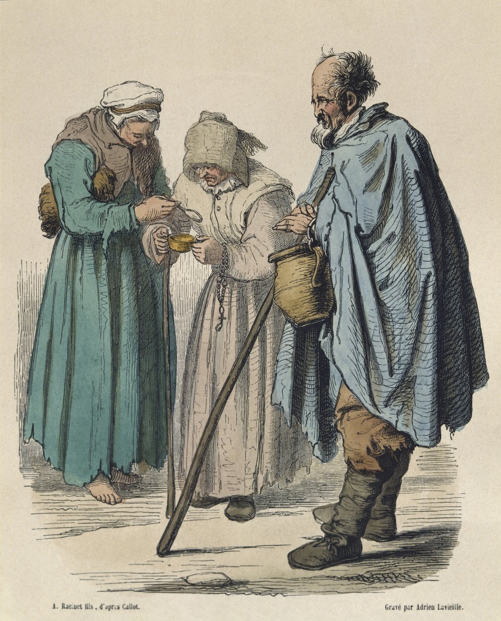 Żebracy, wg Jacques Callota (1592-1635) sztychowane przez Adriena Lavieille (1818-62) (kolorystyka) autorstwa Albert Charles August Racinet