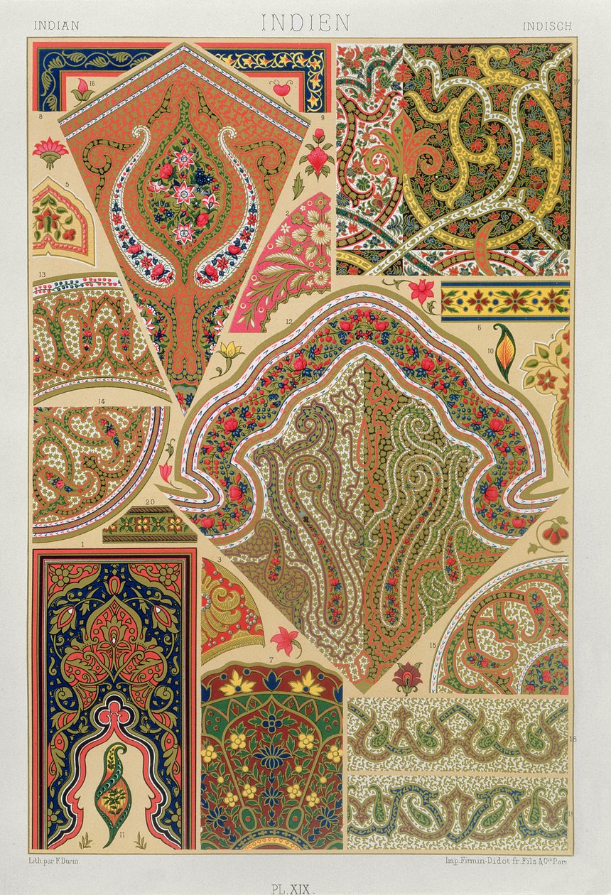 Dekoracja indyjska, tablica XIX z "Ornamentu polichromowanego", rytowana przez F. Durin, wydana w Paryżu, 1869 r. autorstwa Albert Charles August Racinet