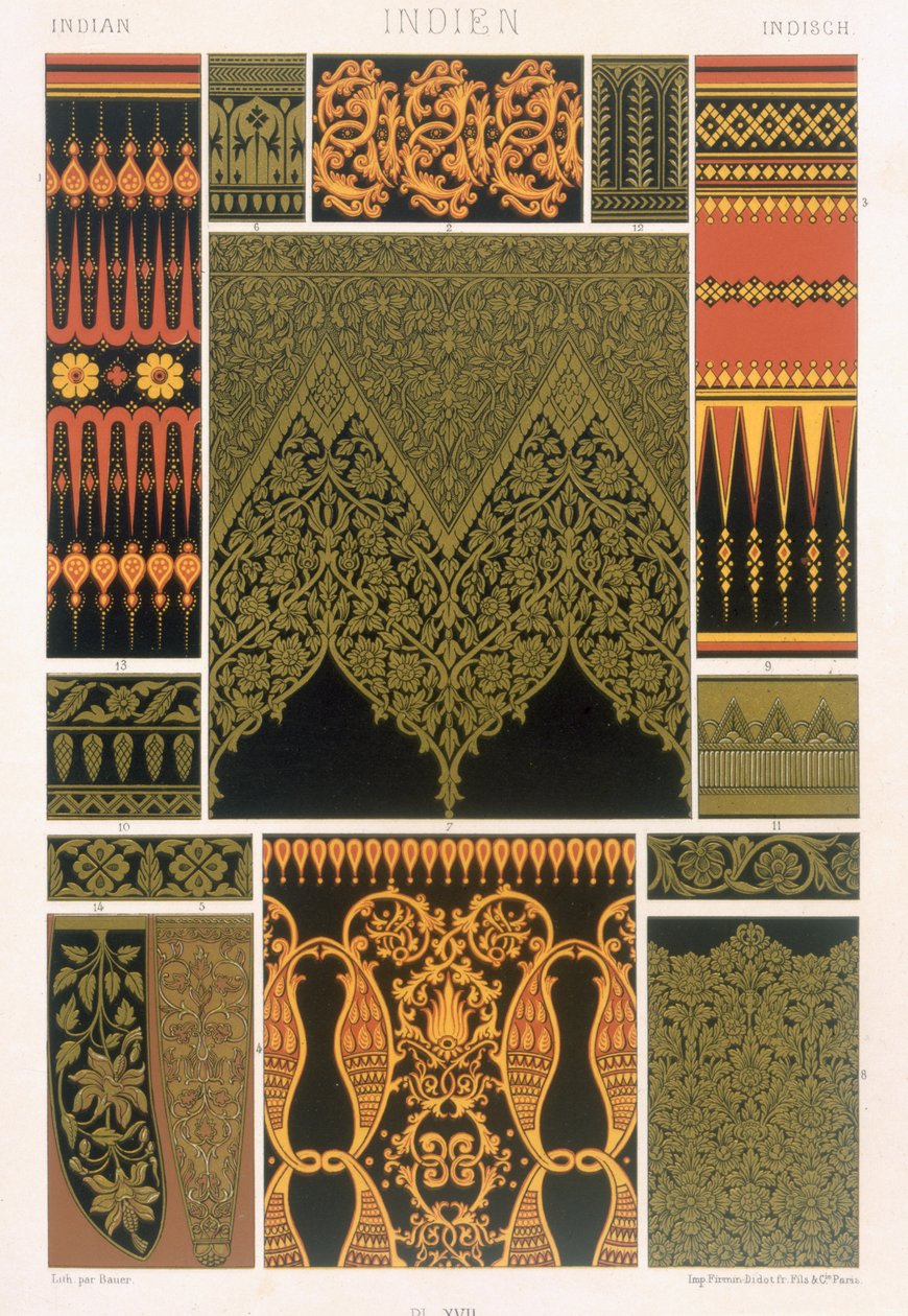 Styl indyjski, tablica XVII z "Ornamentu polichromowanego" wyrytego przez Bauera, opublikowanego w Paryżu w 1869 r. autorstwa Albert Charles August Racinet