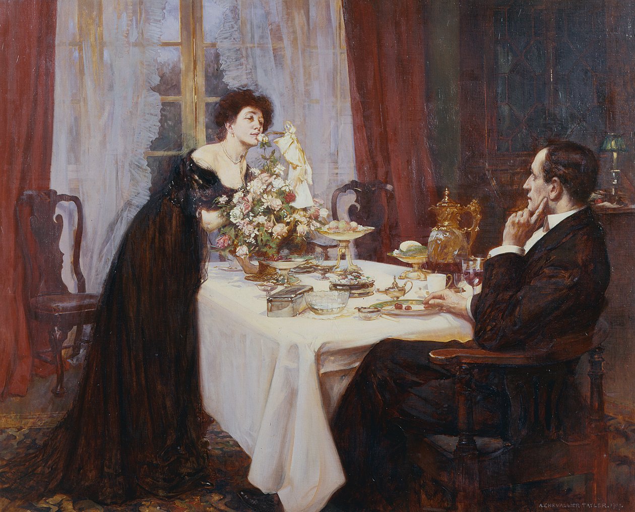 Rocznica, kocham cię do poziomu najspokojniejszej potrzeby dnia codziennego – Elizabeth Barrett Browning, 1909 autorstwa Albert Chevallier Tayler
