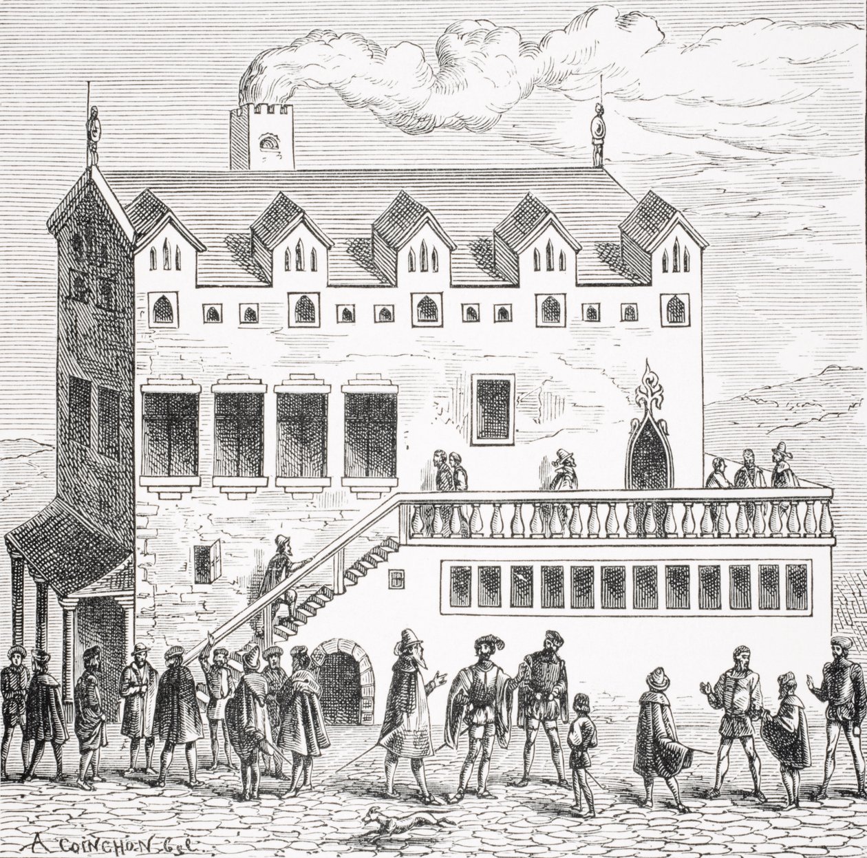 Hotel Izby Obrachunkowej na dziedzińcu Pałacu w Paryżu, według drzeworytu w „Cosmographie Universelle of Munster”, wydanej w Bazylei, 1552, z „Le Moyen Age et La Renaissance” P. autorstwa Albert Coinchon
