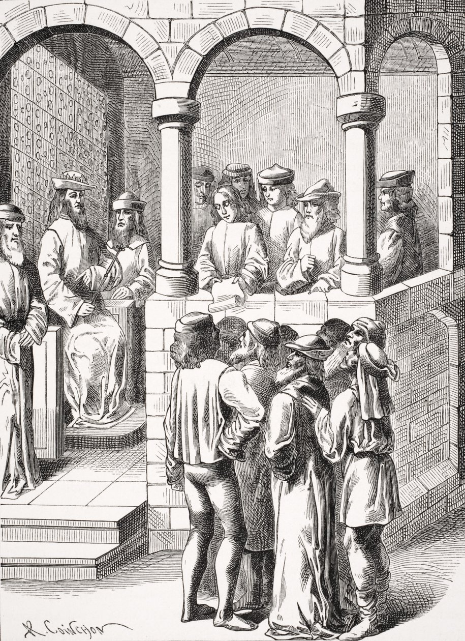 Ogłoszenie edyktu, po miniaturze w XV-wiecznym rękopisie „Ancienettes des Juifs”, z „Le Moyen Age et la Renaissance” Paula Lacroix (1806-84) opublikowanym w 1847 r. autorstwa Albert Coinchon