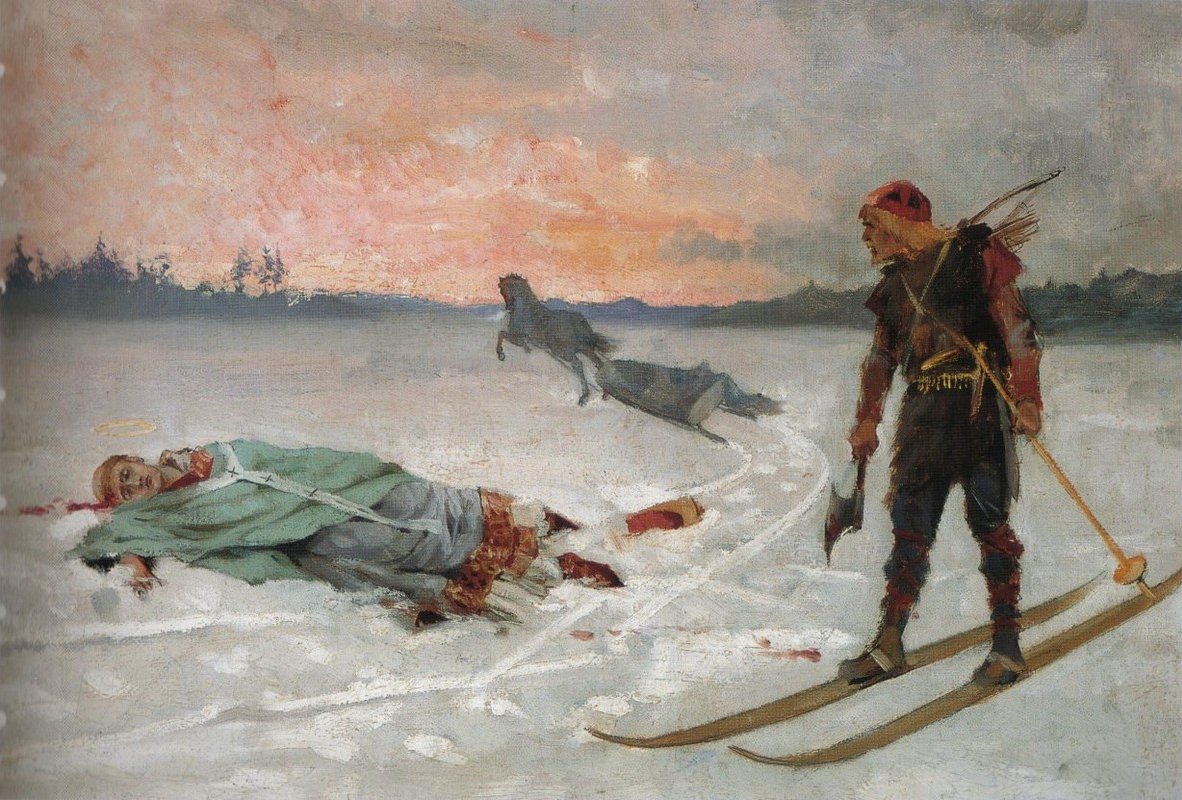 Śmierć biskupa HenrykaBiskup Henry zabity przez Lalli autorstwa Albert Gustaf Aristides Edelfelt