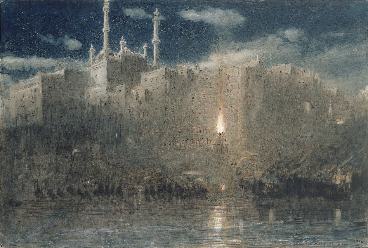 Benares by Moonlight, 1916 (pióro i atrament z toaletą i kolorem ciała na papierze) autorstwa Albert Goodwin