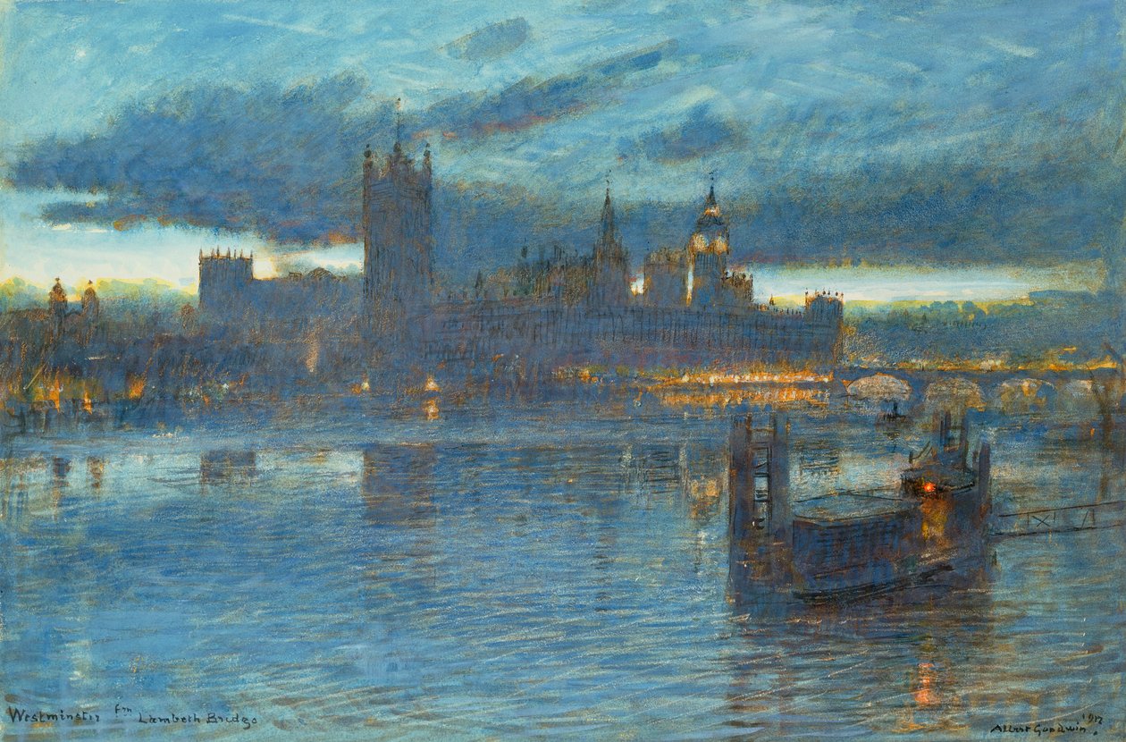 Westminster z mostu Lambeth, 1912 (pióro i atrament z toaletą na papierze) autorstwa Albert Goodwin