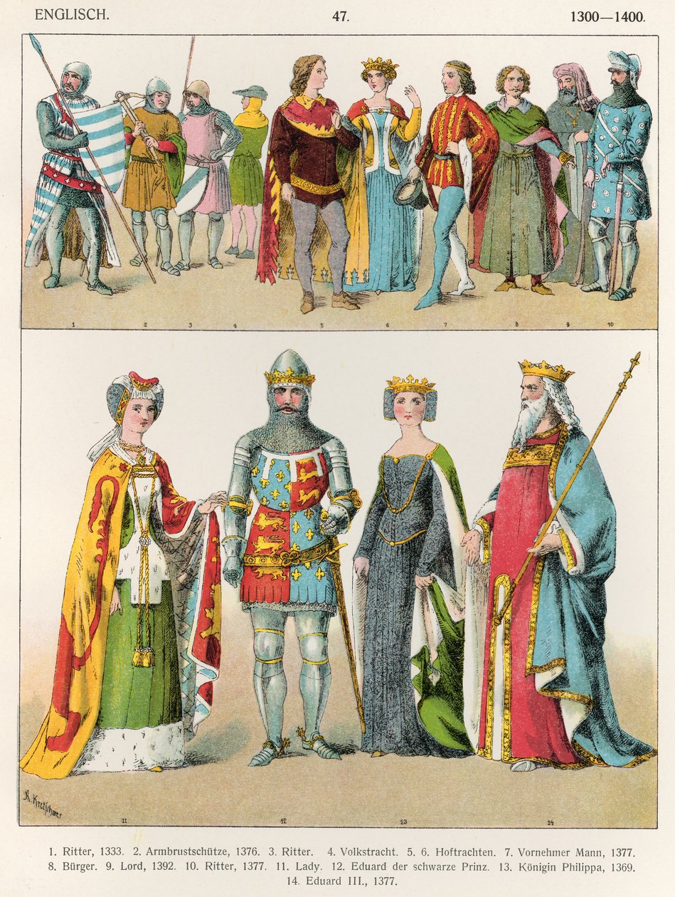 Suknia angielska, ok. 1300-1400, z „Trachten der Voelker”, 1864 autorstwa Albert Kretschmer