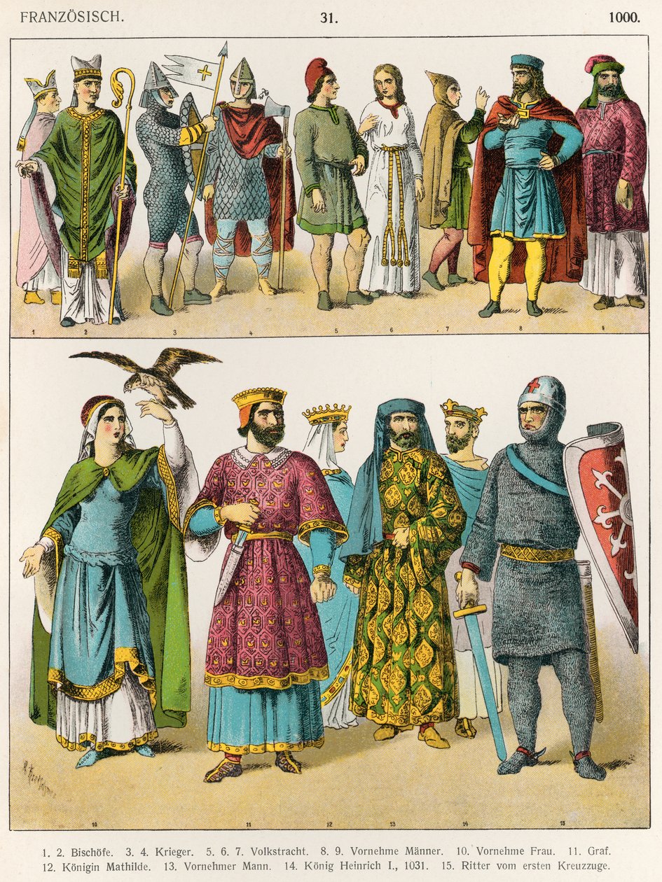 Suknia francuska, ok. 1000, z „Trachten der Voelker”, 1864 autorstwa Albert Kretschmer