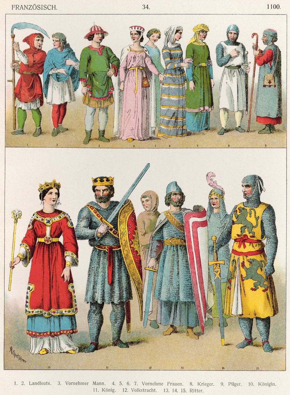 Suknia francuska, ok. 1100, z „Trachten der Voelker”, 1864 autorstwa Albert Kretschmer