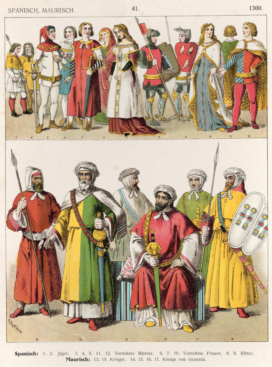 Strój hiszpański i mauretański, ok. 1300, z „Trachten der Voelker”, 1864 (kolorowa litografia) autorstwa Albert Kretschmer