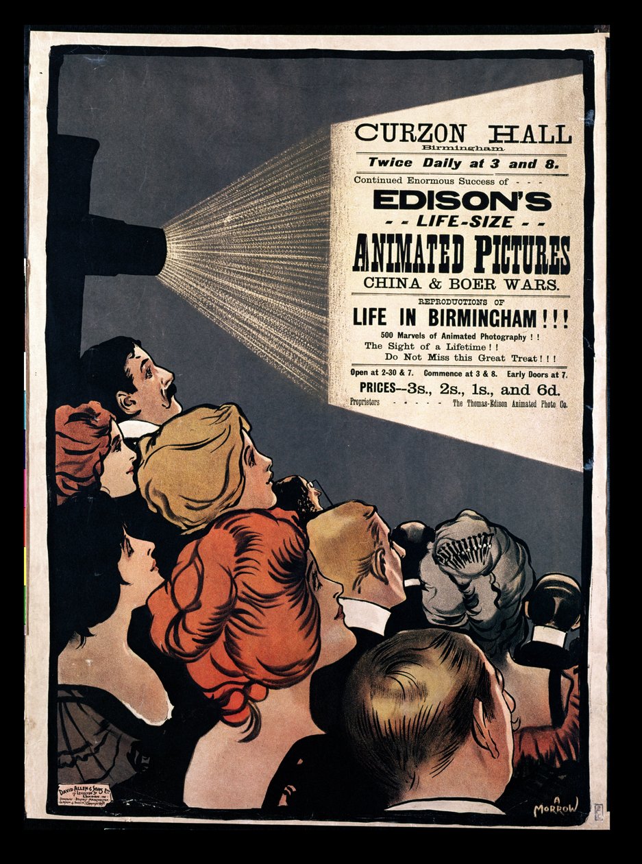 Plakat reklamujący animowane obrazy Edisona w rozmiarze Life Size, Chiny i wojny burskie w Curzon Hall, Birmingham autorstwa Albert Morrow