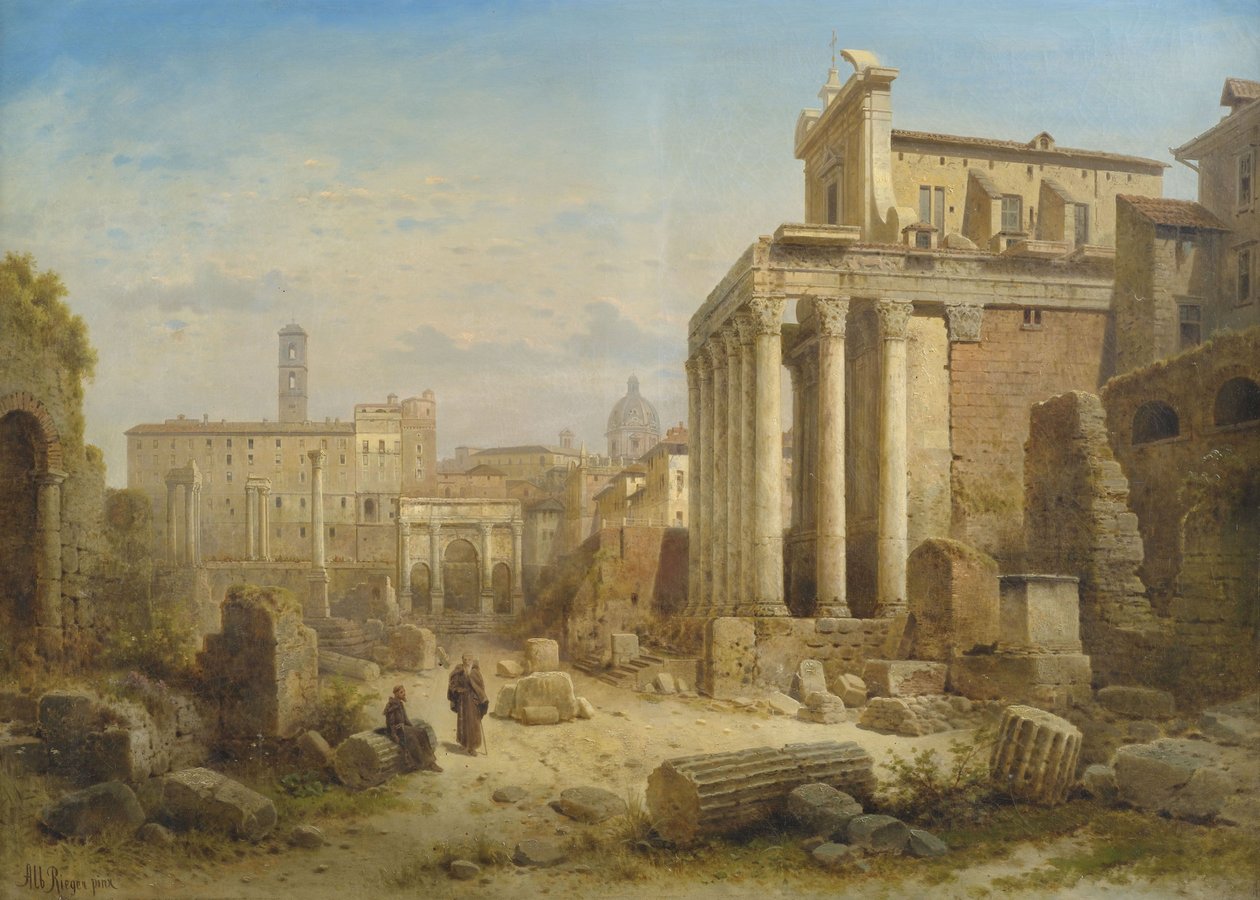 Widok na Forum Romanum z Łukiem Septymiusza Sewera oraz Świątynią Faustyny ​​i Antoniego Piusa. autorstwa Albert Rieger