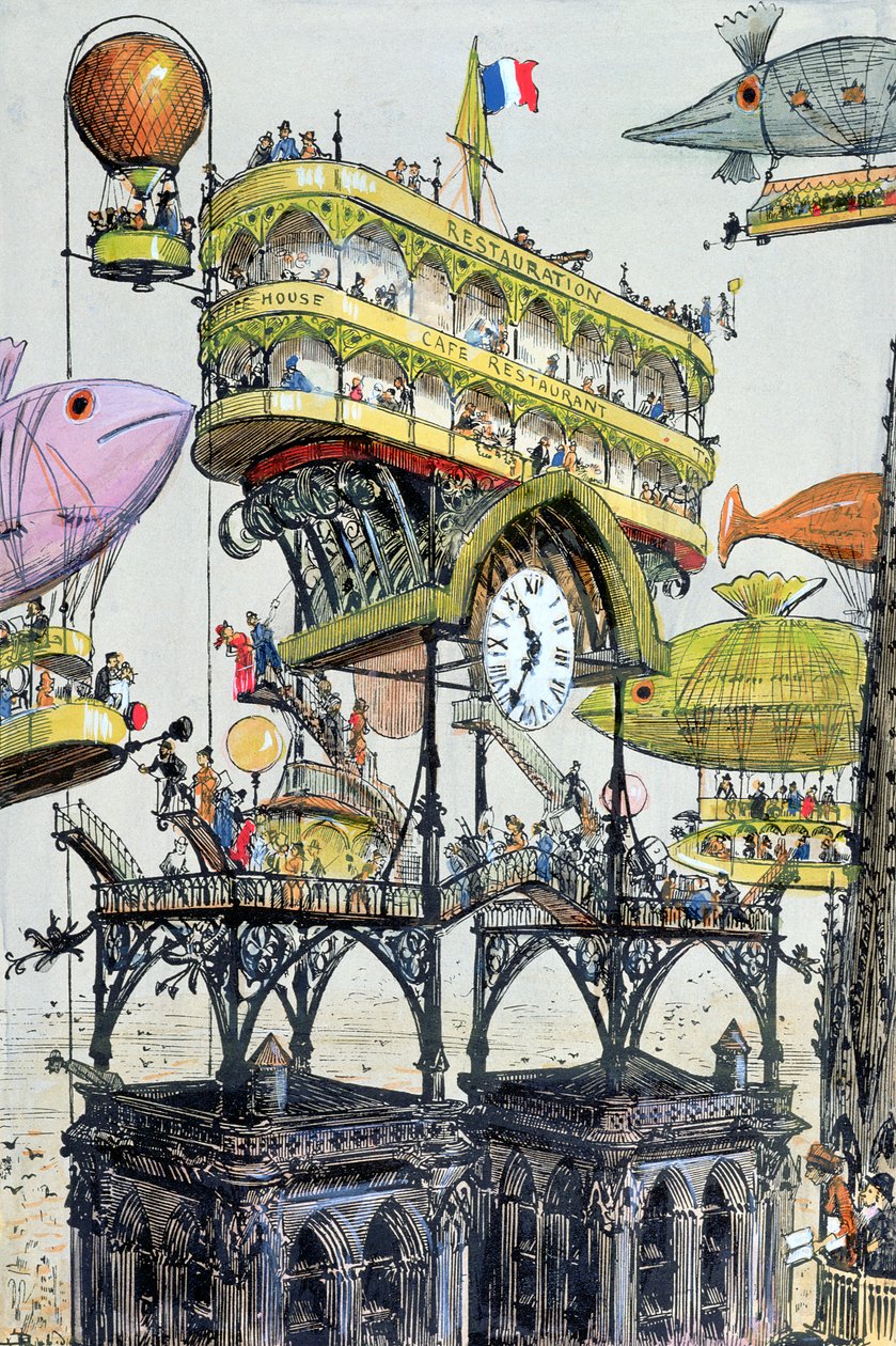 Centralny dworzec lotniczy w Notre-Dame (Paryż), ilustracja z „Le XXeme siecle, La Vie Electrique”, ok. 1900 r. 1890 (kolorowe grawerowanie) autorstwa Albert Robida