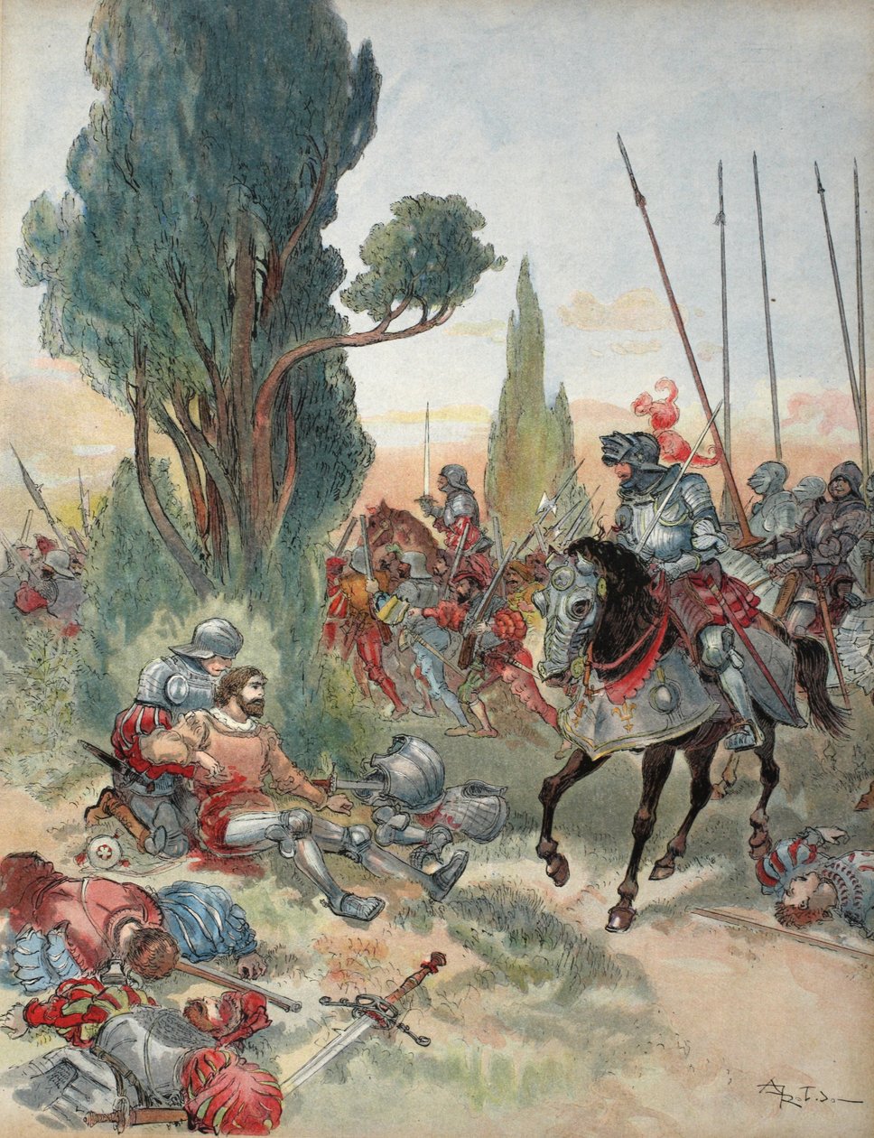 Śmierć Bayarda, ilustracja z „Francois Ier: Le Roi Chevalier”, George G. Toudouze, wyd. 1909 autorstwa Albert Robida