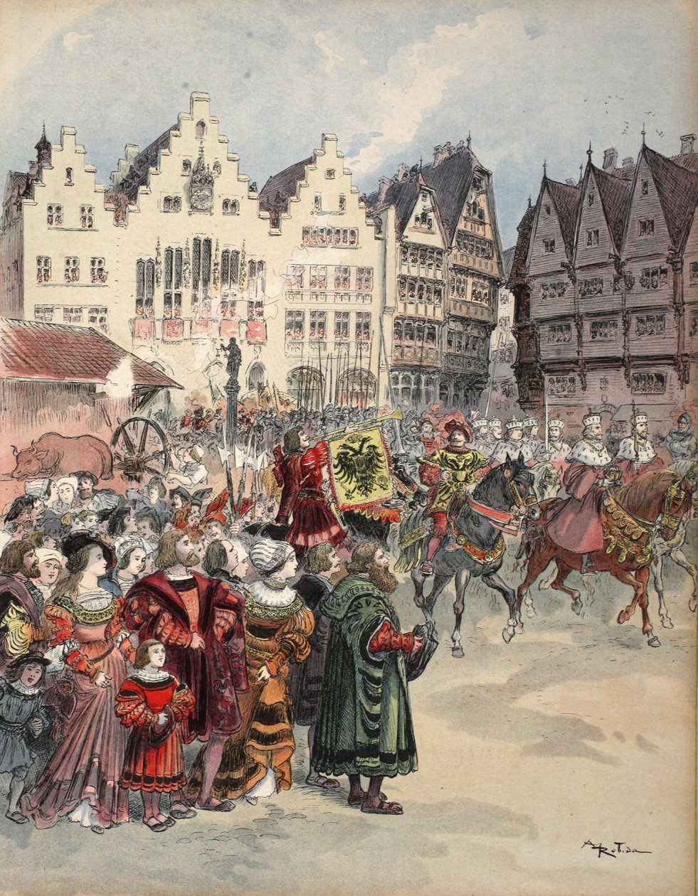 Wybory do Cesarstwa: procesja siedmiu elektorów ulicami Frankfurtu, ilustracja z „Francois Ier: Le Roi Chevalier”, George G. Toudouze, wyd. 1909 autorstwa Albert Robida